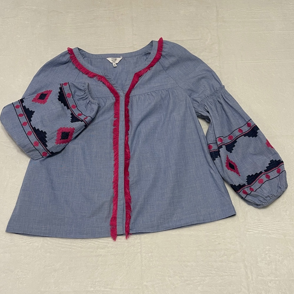Crown & Ivy Petite Medium Blue Cotton Embroidered Fringe Boho Peasant Blouse Top - Picture 2 of 9